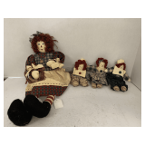 VINTAGE DELTON RAGGEDY ANN DOLL 16" TALL, 2 RAGGEDY ANDY 3" DOLLS & 1 RAGGEDY ANN 3" DOLL