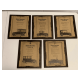 SET OF 5 ANTIQUE CAR ADVERTISING MOUNTED ON DARK BROWN WOOD PLAQUES 10X12