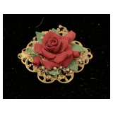 VINTAGE RED ROSE PORCELAIN BROOCH