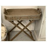 RUSTIC AFRICAN WOOD/TIN FOLDING STAND W/ REMOVABLE DECORATIVE TRAY 27" X 16" X 26" TALL