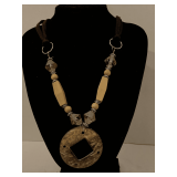 WOOD/BEADED NECKLACE W/ BLACK VELVET TIERS 22" LONG