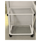 WHITE METAL/GLASS 2 TIER ROLLING TABLE 21" X 16" X 22" TALL