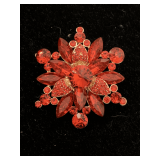 BEAUTIFUL RED FLOWER BURST RHINESTONE BROOCH