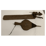 ANTIQUE IMPLEMENTATION BOARD 28" LONG & VINTAGE WOOD FIREPLACE BELLOWS 16 1/2" LONG
