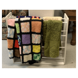 WHITE DOUBLE QUILT RACK WITH 4 HANDMADE CROCHET AFGHAN 33 1/2" LONG X 11" WIDE X 31 1/2" TALL