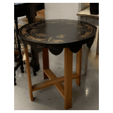 SOLID WOOD 2 TIER TABLE W/ BLACK TOLE PAINTED METAL ROUND REMOVABLE TOP 24" ROUND X 24 3/4" TALL