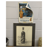 1988 FRAMED PENCIL DRAWING SIGNED BY ARTIST (WINE BOTTLE & GLASSES) 16 1/2" X 20 1/2" & VINTAGE OLD TAYLOR 1986 ADVERTISEMENT 10X12