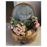 VINTAGE LARGE WOVEN PICNIC BASKET WITH CONTENTS