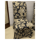 SKIRTED PARSON STYLE HOSTESS CHAIR BLACK/TAN GRAPE PATTERN UPHOLSTERY THICK PADDED CUSHION & BACK 39" TALL X 21" WIDE X 22" DEEP