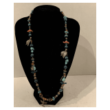 VINTAGE CAROLYN POLLACK STERLING/TURQUOISE AND GEMSTONE FETISH NECKLACE - STONES CARVED INTO FETISH MALACHITE, JASPER & BLUE LAPIS 26" LONG