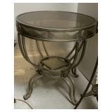 MODERN ROUND PEWTER METAL 2 TIER SIDE TABLE W/ SMOKED GLASS TOP 22" ROUND X 23" TALL