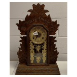ANTIQUE GINGERBREAD MANTLE CLOCK W/ BEAUTIFUL WOOD 24" TALL X 15" WIDE X 5" DEEP