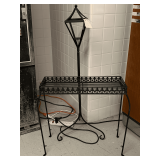BLACK METAL 2 TIER PLANT STAND 23" TALL X 25" WIDE X 10" DEEP & BLACK METAL LANTERN CANDLE HOLDER 43 1/2" TALL