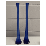 PAIR OF TALL COBALT BLUE RIBBED NECK BLOWN VASES 20" TALL