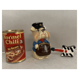 VINTAGE BULLDOG BILL COLLECTOR CERAMIC BANK & GUITAR CERAMIC SHAKER
