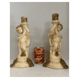 PAIR VINTAGE CHALKWARE CHERUB CANDLEHOLDERS 13" TALL X 6" ROUND
