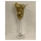 TALL BLOWN GLASS FOOTED VASE/COMPOTE 19 1/2" TALL X 9" ROUND W/ CONTENTS