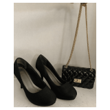 PAIR OF BLACK LADIES CHELSEA MORELAND (SLIGHTLY WORN) SIZE 11M PLATFORM HEELS & SMALL BLACK PATENT CLUTCH