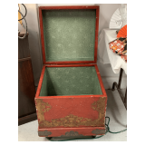 EXTRA LARGE CHINESE RED W/ DESIGN CHEST 20" SQUARE X 24 1/2" TALL