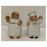 PAIR OF ANTIQUE MRS PATMORE COOK & CHEF SHAKERS MADE IN JAPAN 2 1/2" TALL