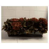 VERY LONG DISTRESSED PEWTER COLORED METAL PLANTER FULL OF SILK FLORAL 26" LONG X 6 3/4" WIDE X 5 1/2" TALL W/OUT FLORAL