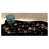 VINTAGE VENETIAN LAMPWORK HAND PAINTED GLASS BEAD NECKLACE W/ CHAMPAGNE COLORED GLASS FAUX PEARLS - TOTAL 40" LONG (NECKLACE BROKEN) & 16 HANDMADE PAPER ROLLED BEADS