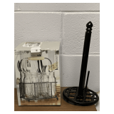 NEW HOME ESSENTIALS 5 PIECE FLATWARE CADDY SET (METAL CADDY W/ 4 MASON JARS & BLACK METAL PAPER TOWEL HOLDER)