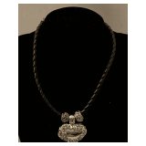 LEATHER BRAIDED CHOKER W/ SILVERTONE HEART 15"