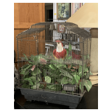 VINTAGE METAL BIRD CAGE W/ SWINGING PARROTT & FLORAL 18" X 14" X 22" TALL