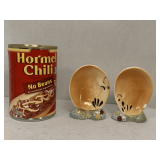 PAIR OF VINTAGE CERAMIC EGG HOLDERS MADE IN JAPAN (ONE HAS SMALL CHIP) 3 1/2" LONG X 2" WIDE