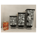 SET OF 3 BLACK/WHITE MOSAIC VASES/CANDLE HOLDERS (12", 10", 8")