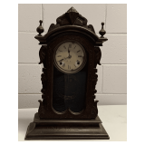 ANTIQUE WOOD SHELF PARLOR CLOCK (NICE WOOD CASING) 22 1/2" TALL X 14 1/2" WIDE X 6 1/2" DEEP