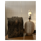 WHITE WICKER TABLE LAMP (NO SHADE) 21" TALL & DECORATIVE WOOD/METAL WINE BOX 15" TALL X 12" WIDE X 8 1/2" DEEP