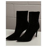 BLACK STILETTO HEEL POINTED PULL ON 9M BLACK BOOTS W/ STONES (GENTLY WORN)