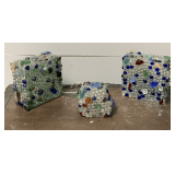 3 HANDMADE DECORATIVE GLASS ITEMS (2 ARE GLASS LIGHT UP BRICKS)