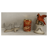 2 PORCELAIN BIRD FIGURINES 7" TALL, VINTAGE ENESCO RED CARDINAL & PAIR WHITE DOVES 6 1/2" LONG
