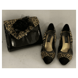 PAIR J. RENEE 9M LEOPARD/BLACK HEELS (GENTLY WORN) & TIMOTHY HITSMAN BLACK PATENT & LEOPARD PURSE (SOME DAMAGE)