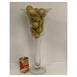 TALL BLOWN GLASS FOOTED VASE/COMPOTE 19 1/2" TALL X 9" ROUND W/ CONTENTS