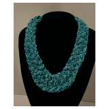 VINTAGE HANDMADE ERICA LYONS BOHEMIAN TURQUOISE BLUE SEED BEADED/BRAIDED COLLAR STATEMENT NECKLACE