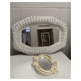 WHITE WICKER FRAMED MIRROR 23X16 & SMALL PLASTER FRAMED DECORATIVE MIRROR 9 1/2" X 10 3/4"