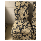 SKIRTED PARSON STYLE HOSTESS CHAIR BLACK/TAN GRAPE PATTERN UPHOLSTERY THICK PADDED CUSHION & BACK 39" TALL X 21" WIDE X 22" DEEP