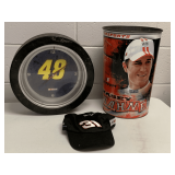 VINTAGE #48 NASCAR ROUND CLOCK 14" ROUND, KASEY CANE TALL METAL TRASH CAN 15" TALL & #31 JEFF BURTON BLACK BASEBALL CAP