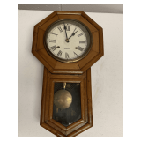 VINTAGE ANSONIA PENDULUM WALL SCHOOLHOUSE CLOCK (WOOD IN GREAT CONDITION) 23" LONG X 13" WIDE
