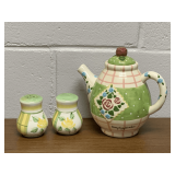1998 MARY ENGELBREIT SIGNED CERAMIC TEA POT & SALT/PEPPER SHAKERS 8" TALL