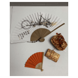 KOREAN TRADITIONAL BAMBOO HANJI FOLDING FAN, JAPANESE BROCADE POCKET MIRROR, JAPANESE BROCADE SMALL EVENING PURSE & SMALL JAPANESE ZODIAC FOLDING FAN