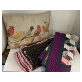 VINTAGE THROW PILLOW W/ SONG BIRDS 17" LONG X 12" WIDE, HAND CROCHETED SMALL THROW & QUILTED TABLE SQUARE