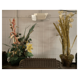 2 FLORAL ARRANGEMENT METAL PLANTERS W/ LILIES & TERRACOTTA POT W/ ORCHIDS