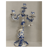 ANTIQUE BLUE/WHITE GERMAN PORCELAIN CANDELABRA W/ FIGURAL BASE (MISSING 1 ARM) 10" WIDE X 18 1/2" TALL