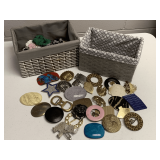 2 NICE WOVEN BASKETS FULL OF SCRUNCHIES & LADIES BELT BUCKLES