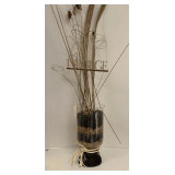 WICKER BOTTOM W/ GLASS HURRICANE GLOBE FILLED W/ DECORATIVE ROCKS & FOLIAGE (VASE 12" TALL X 6" ROUND - FOLIAGE 36" TALL)